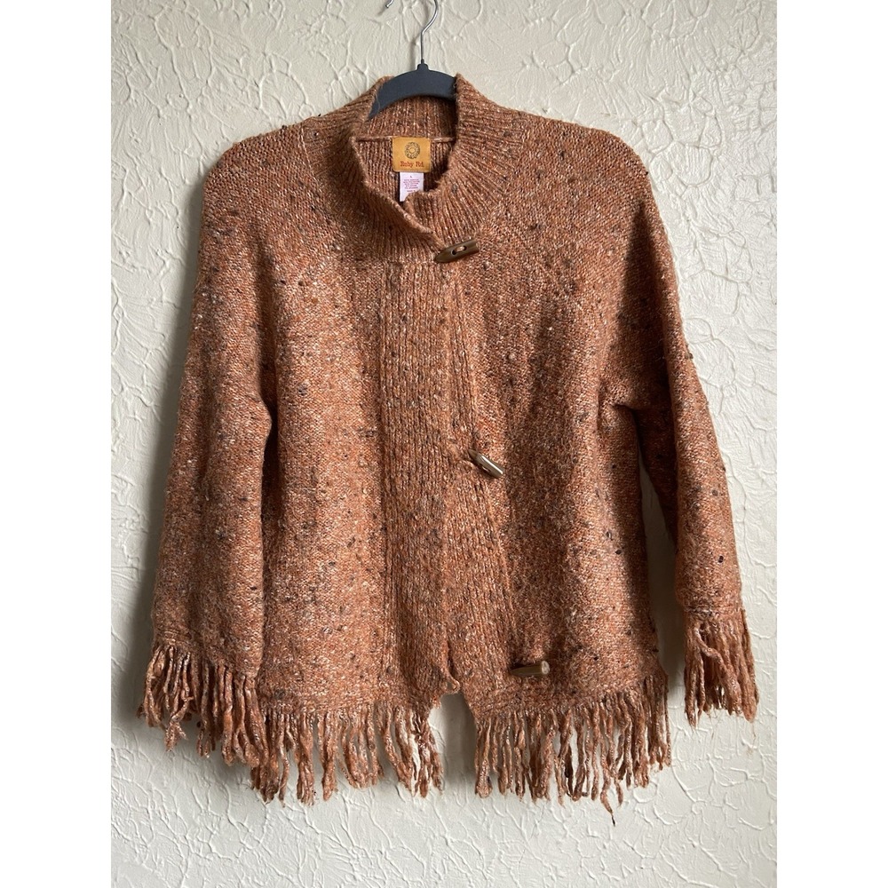 Vintage Ruby Rd Womens Cardigan Sweater Fringe Toggle 3/4 Sleeve Orange Size L